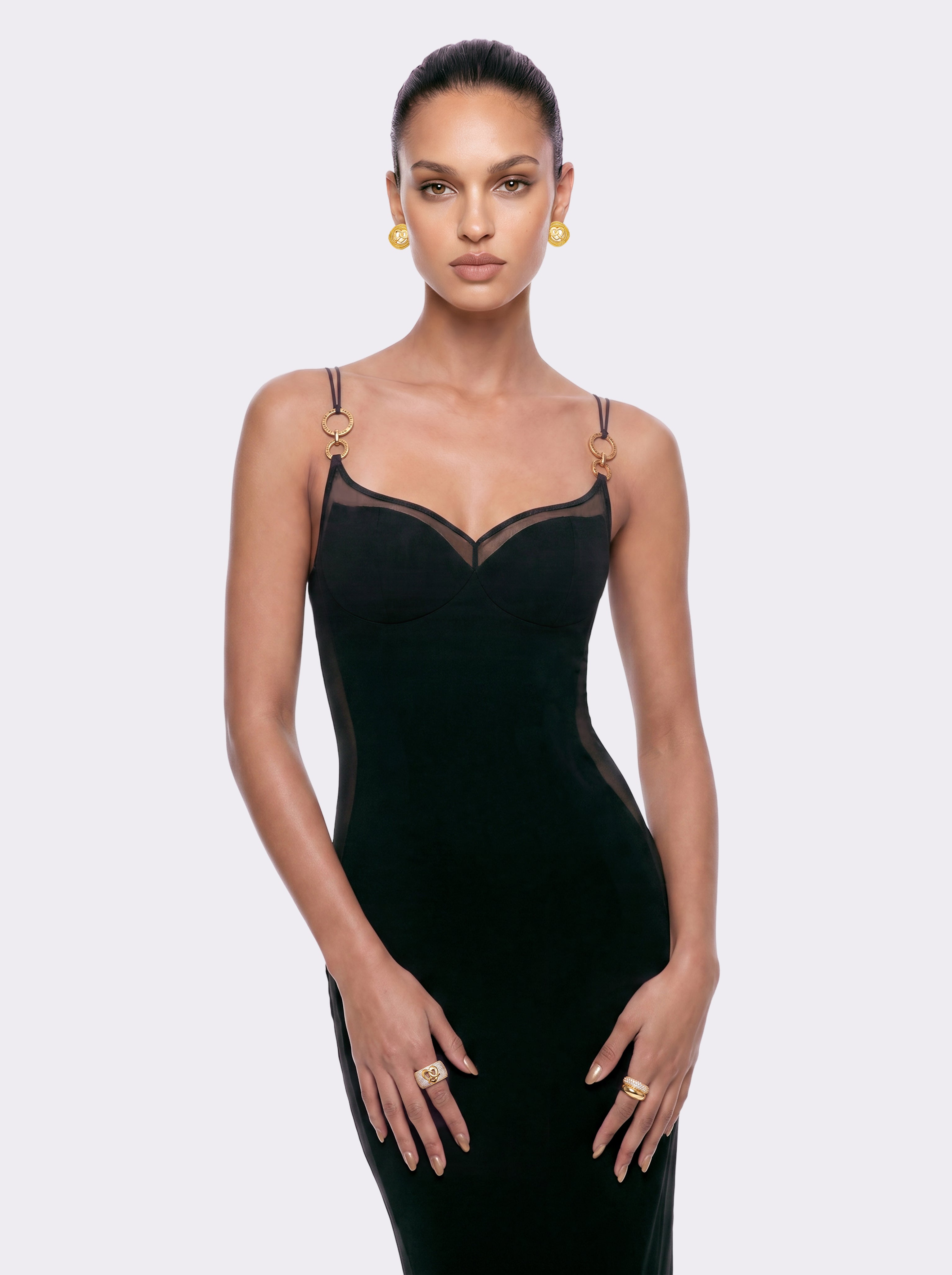 Oriana Mesh Panel Black Dress