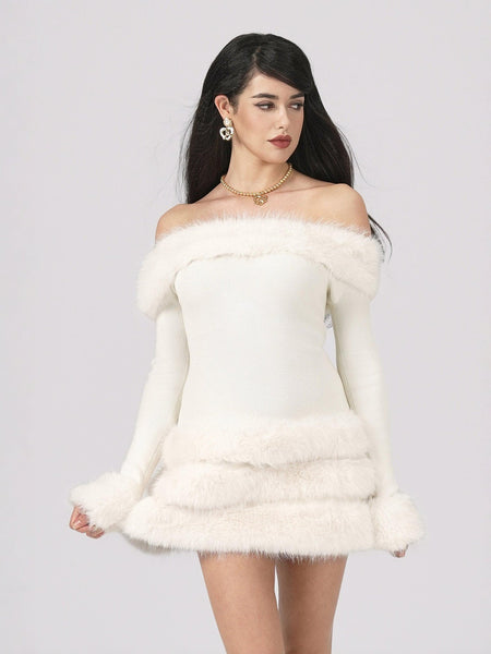 新品【AMOMMA】MINI FUR DRESSファー ミニワンピース ホワイト Mila Fur Dress: White Mini Dress for Wedding After-Party | Nana