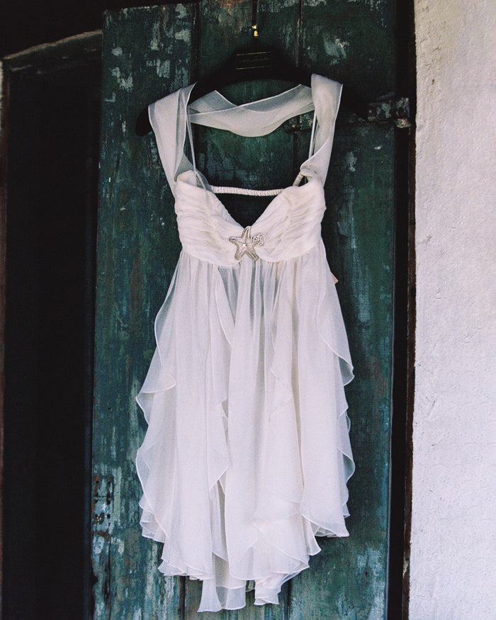 Arabella white featherweight chiffon halter mini dress with starfish brooch β birthday brunch dress | Nana Jacqueline