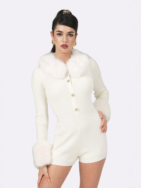 Natalia Fur Jumpsuit: White Jumpsuit for Wedding After-Party