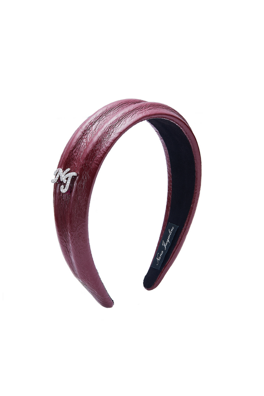 Eugenie Crystal-Detail Wine Red Leather Headband