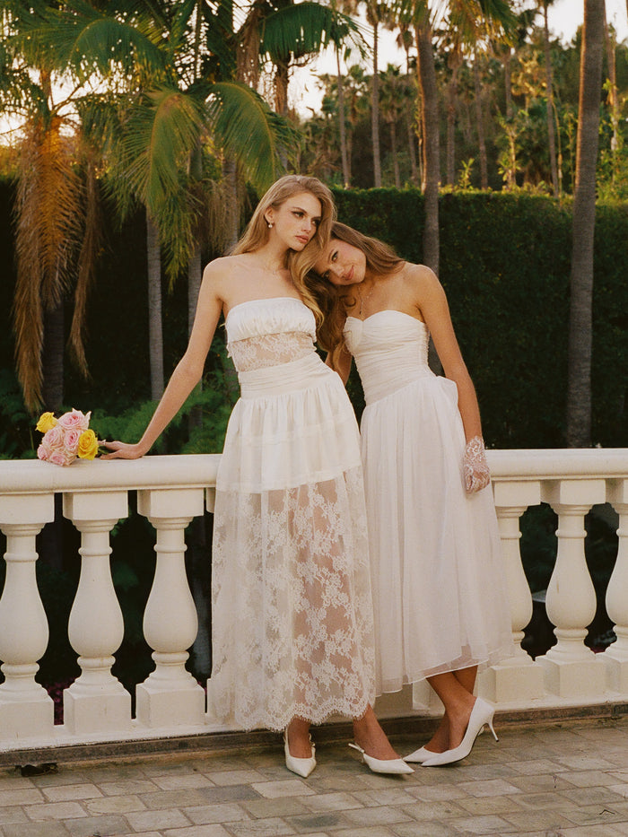 Amelie White Lace Strapless Satin Dress