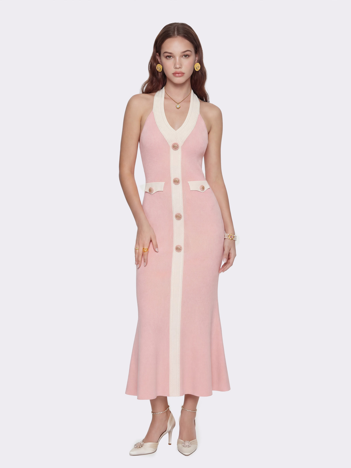 Giana Contrast Halter Knit Blush Pink Maxi Dress | Nana Jacqueline Giana Contrast Halter Knit Blush Pink Maxi Dress | Nana Jacqueline