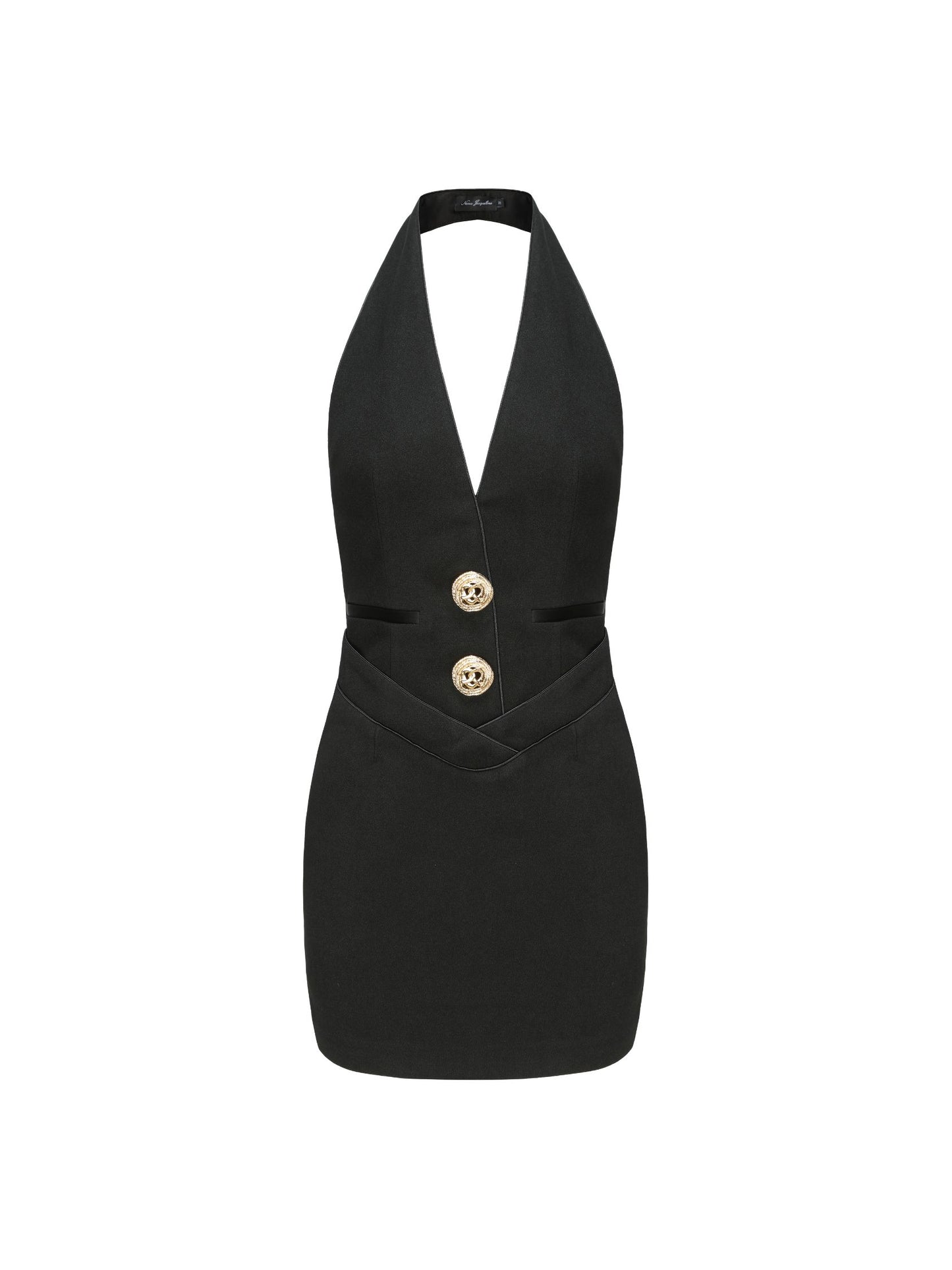 Diana black halter suit mini dress with gold coin buttons and crossover waist — Capricorn birthday dress | Nana Jacqueline