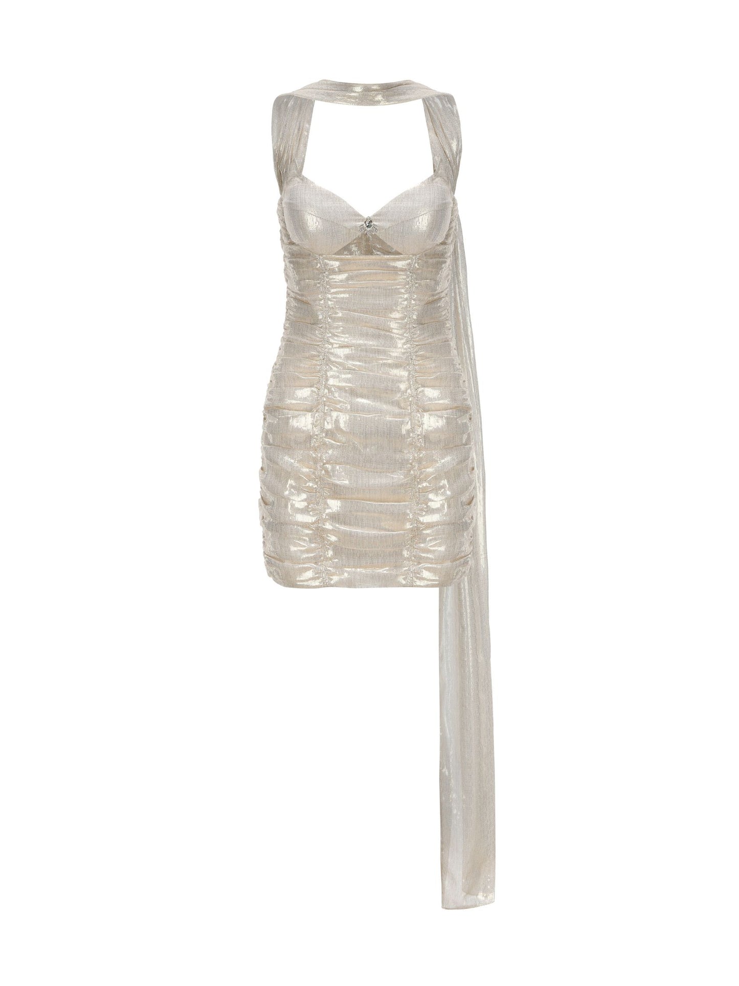 Tess silver metallic ruched mini dress with cat-eye chest cutout and neck scarf — Aquarius birthday dress | Nana Jacqueline