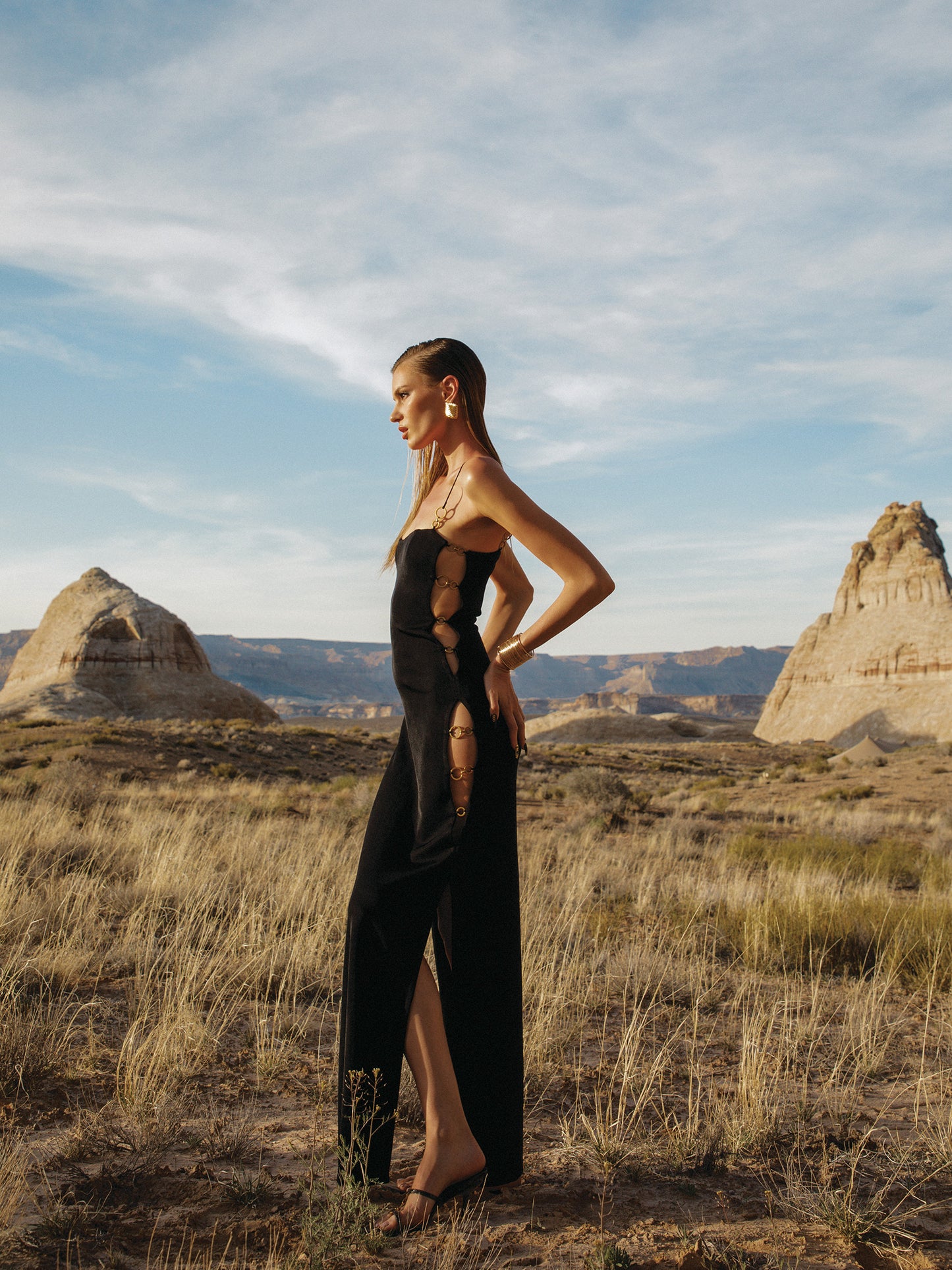 Adeline black strapless maxi dress with gold ring cutouts and double slits — Scorpio birthday dress | Nana Jacqueline