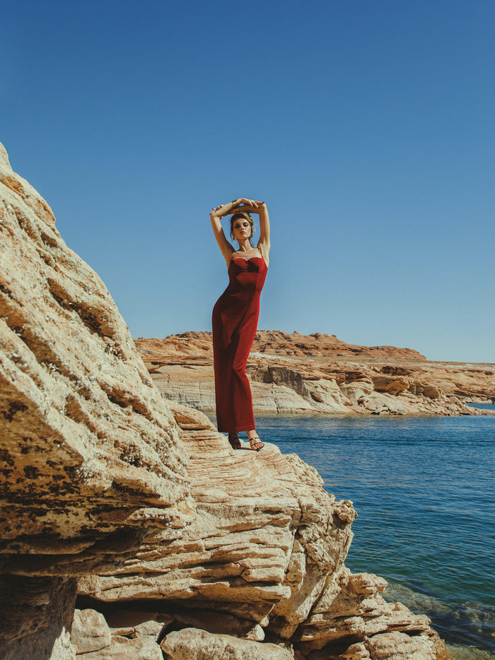 Gigi red liquid satin gown with sweetheart neckline and gold chain straps: jewel-tone gala dress │ Nana Jacqueline