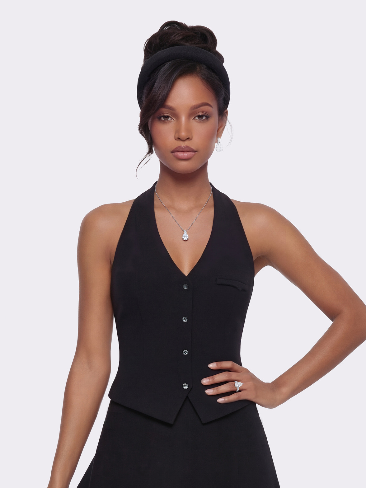 Amara Tailored Halter Black Vest: Black Vest for Cocktail Party | Nana Jacqueline Amara Tailored Halter Black Vest: Black Vest for Cocktail Party | Nana Jacqueline
