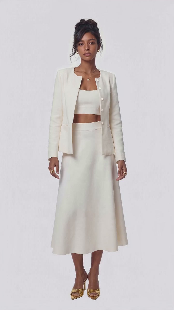 Natalia Tailored A-Line White Midi Skirt: White Midi Skirt for