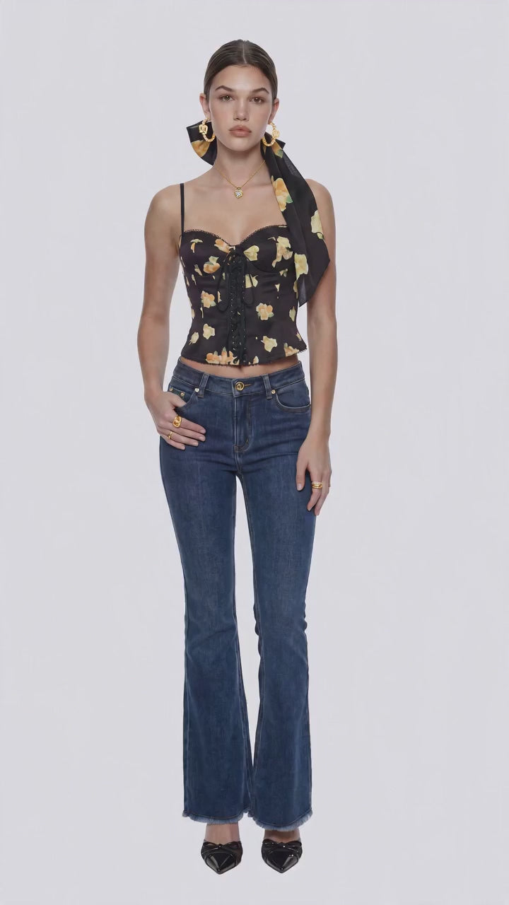 Mila Lace-Up Corset Black Floral Top | Nana Jacqueline