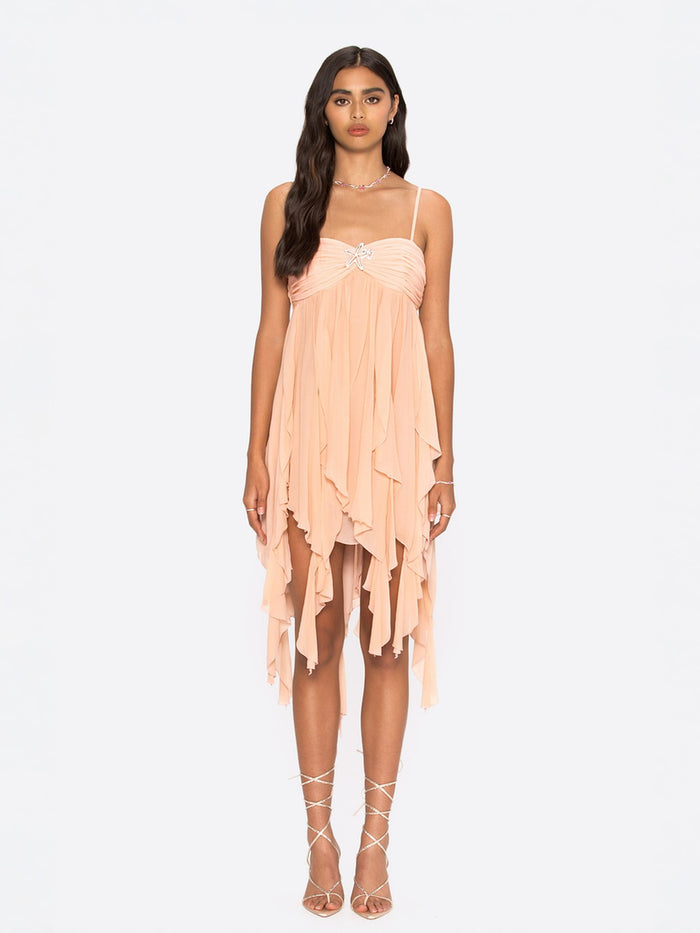 Stella peach chiffon empire waist dress with starfish brooch — bump-friendly Mother's Day brunch | Nana Jacqueline