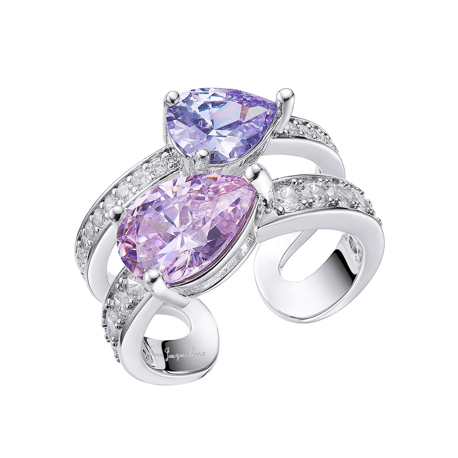 silver diamond ring featuring a pink and purple colour design