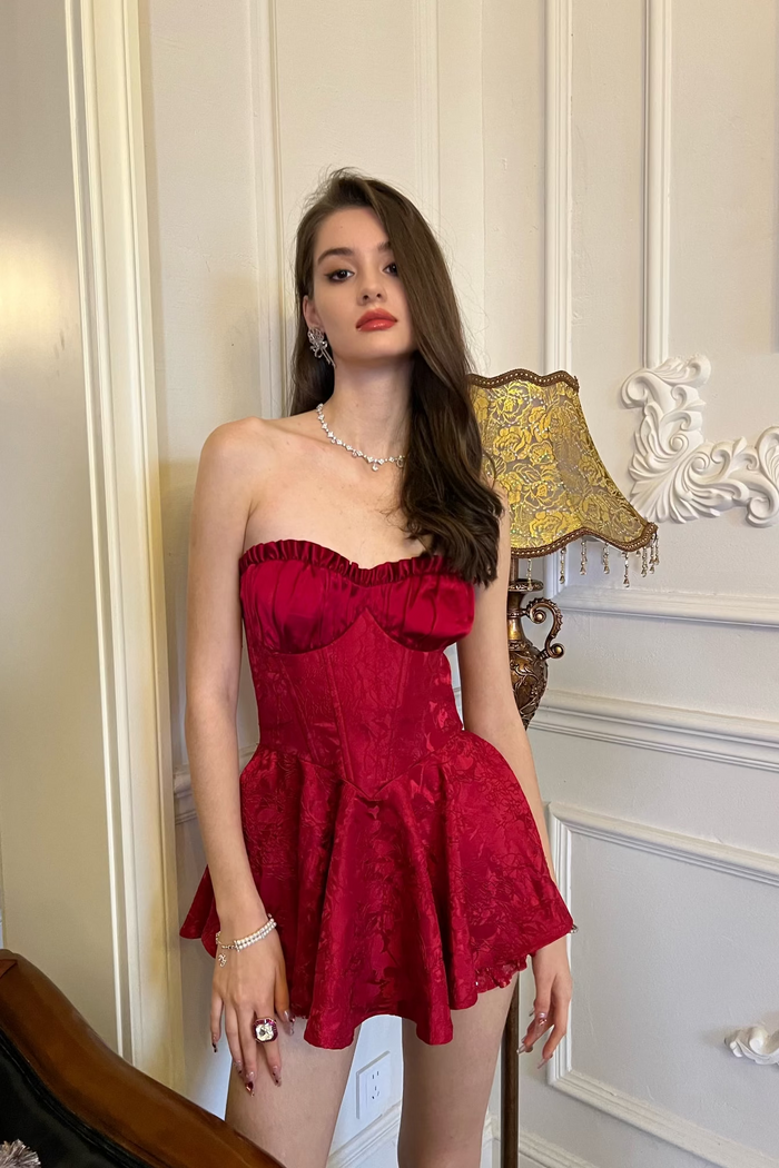 Airina red jacquard strapless corset mini dress with flared peplum — engagement cocktail evening | Nana Jacqueline