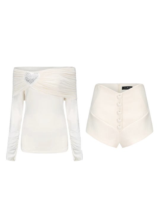 Luciana Top + Annica Heart Shorts Set (White)