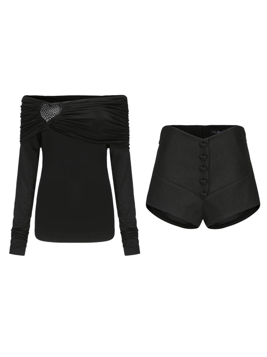 Luciana Top + Annica Heart Shorts Set (Black)